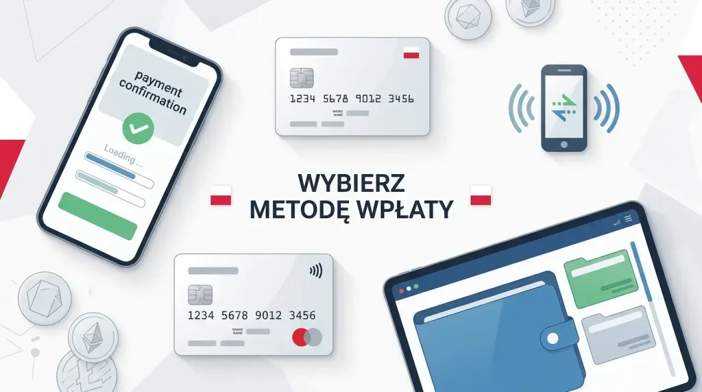 Ilustracja edukacyjna przedstawiająca wpłatę w PLN przez BLIK, kartę, portfel i kryptowalutę