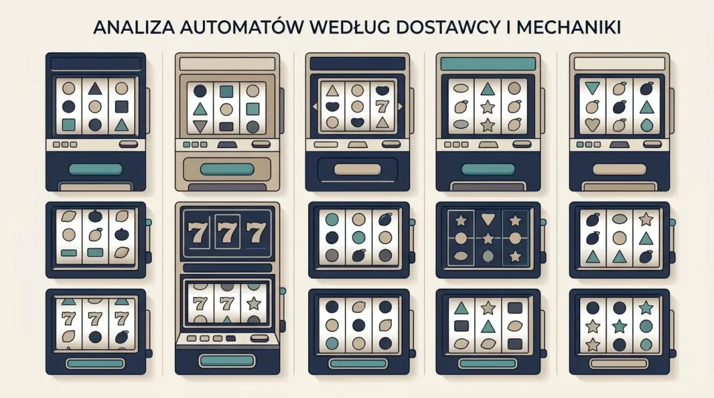 Ilustracja katalogu automatów podzielonego według producentów i typów mechanik