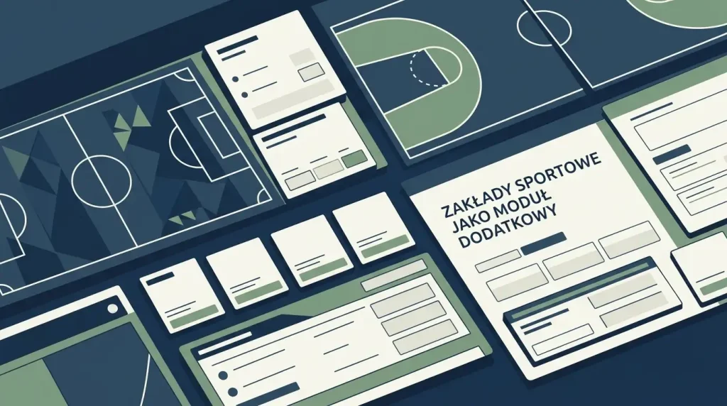 Ilustracja panelu sportowego z boiskami i neutralnymi symbolami zakładów bez logo marki