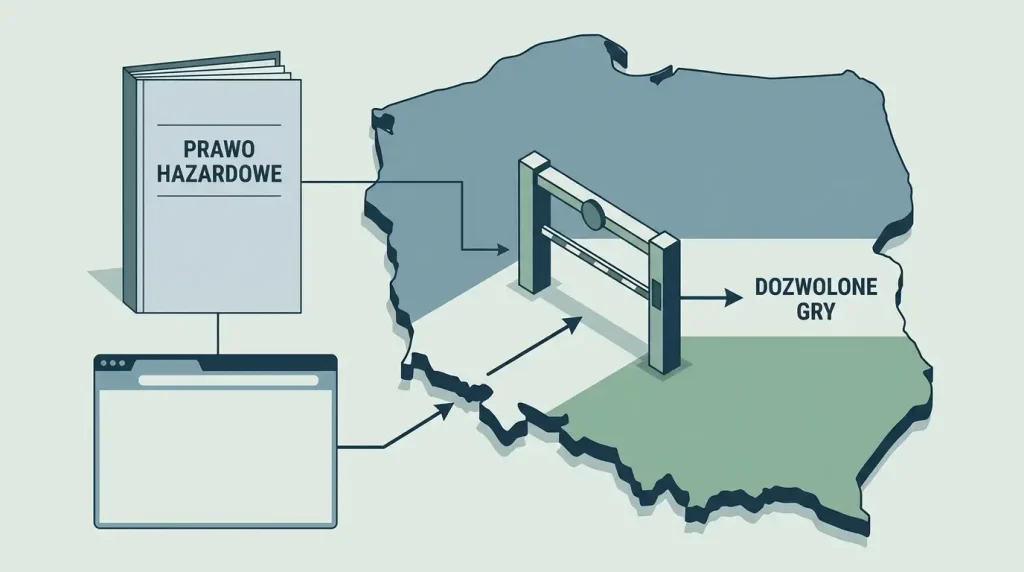 Ilustracja polskich przepisów, dokumentu i symbolu kontroli prawnej bez logo kasyna