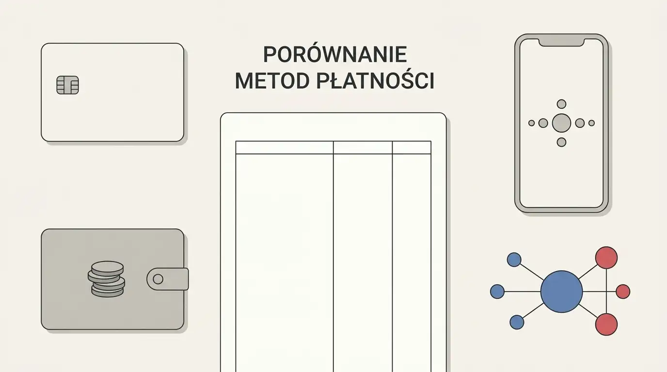 Ilustracja porównująca karty, portfele elektroniczne, BLIK i kryptowaluty bez znaków marek
