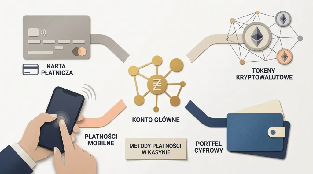 Ilustracja przedstawiająca płatności w PLN, kartą, BLIK i kryptowalutami