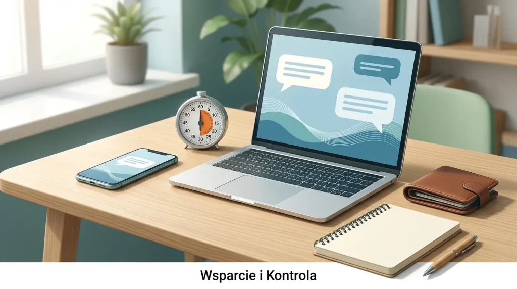 Ilustracja rozmowy ze wsparciem i kontroli czasu oraz budżetu podczas gry online