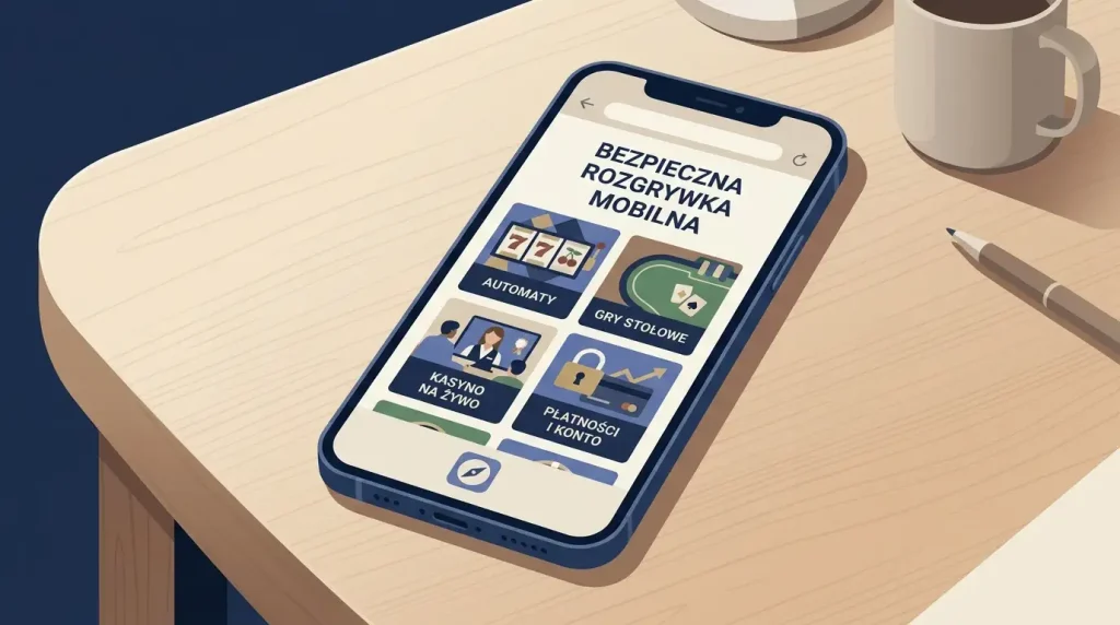 Ilustracja smartfona z neutralnym interfejsem przeglądarki i symbolami gier bez logo marki
