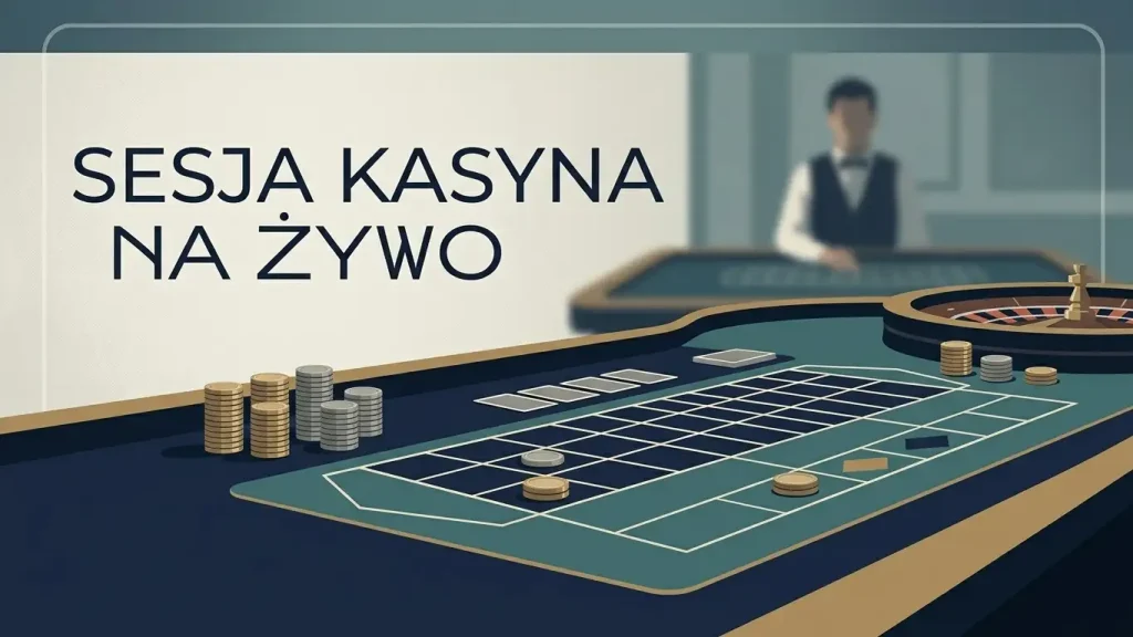 Ilustracja stołu kasyna na żywo z kartami, żetonami i ekranem transmisji bez logo marki